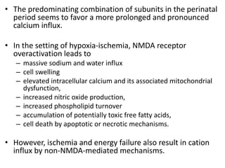 • The predominating combination of subunits in the perinatal
period seems to favor a more prolonged and pronounced
calcium influx.
• In the setting of hypoxia-ischemia, NMDA receptor
overactivation leads to
– massive sodium and water influx
– cell swelling
– elevated intracellular calcium and its associated mitochondrial
dysfunction,
– increased nitric oxide production,
– increased phospholipid turnover
– accumulation of potentially toxic free fatty acids,
– cell death by apoptotic or necrotic mechanisms.
• However, ischemia and energy failure also result in cation
influx by non-NMDA-mediated mechanisms.
 