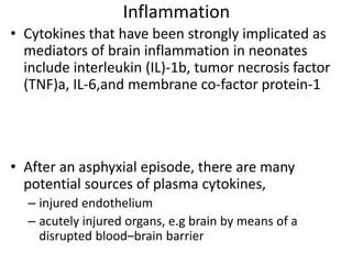 Inflammation
• Cytokines that have been strongly implicated as
mediators of brain inflammation in neonates
include interleukin (IL)-1b, tumor necrosis factor
(TNF)a, IL-6,and membrane co-factor protein-1
• After an asphyxial episode, there are many
potential sources of plasma cytokines,
– injured endothelium
– acutely injured organs, e.g brain by means of a
disrupted blood–brain barrier
 