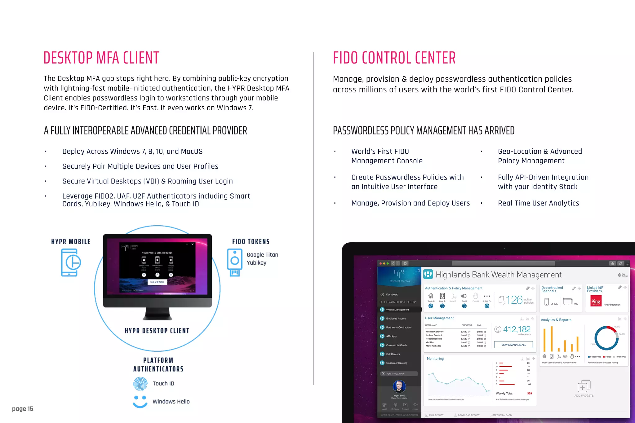 www.HYPR.com . ©2020 HYPR All Rights Reservedpage 15
The Desktop MFA gap stops right here. By combining public-key encryption
with lightning-fast mobile-initiated authentication, the HYPR Desktop MFA
Client enables passwordless login to workstations through your mobile
device. It’s FIDO-Certified. It’s Fast. It even works on Windows 7.
DESKTOP MFA CLIENT
A FULLY INTEROPERABLE ADVANCED CREDENTIAL PROVIDER PASSWORDLESS POLICY MANAGEMENT HAS ARRIVED
•	 Deploy Across Windows 7, 8, 10, and MacOS
•	 Securely Pair Multiple Devices and User Profiles
•	 Secure Virtual Desktops (VDI) & Roaming User Login
•	 Leverage FIDO2, UAF, U2F Authenticators including Smart
Cards, Yubikey, Windows Hello, & Touch ID
•	 World’s First FIDO
Management Console
•	 Create Passwordless Policies with
an Intuitive User Interface
•	 Manage, Provision and Deploy Users
•	 Geo-Location & Advanced
Polocy Management
•	 Fully API-Driven Integration
with your Identity Stack
•	 Real-Time User Analytics
FIDO CONTROL CENTER
Manage, provision & deploy passwordless authentication policies
across millions of users with the world’s first FIDO Control Center.
 