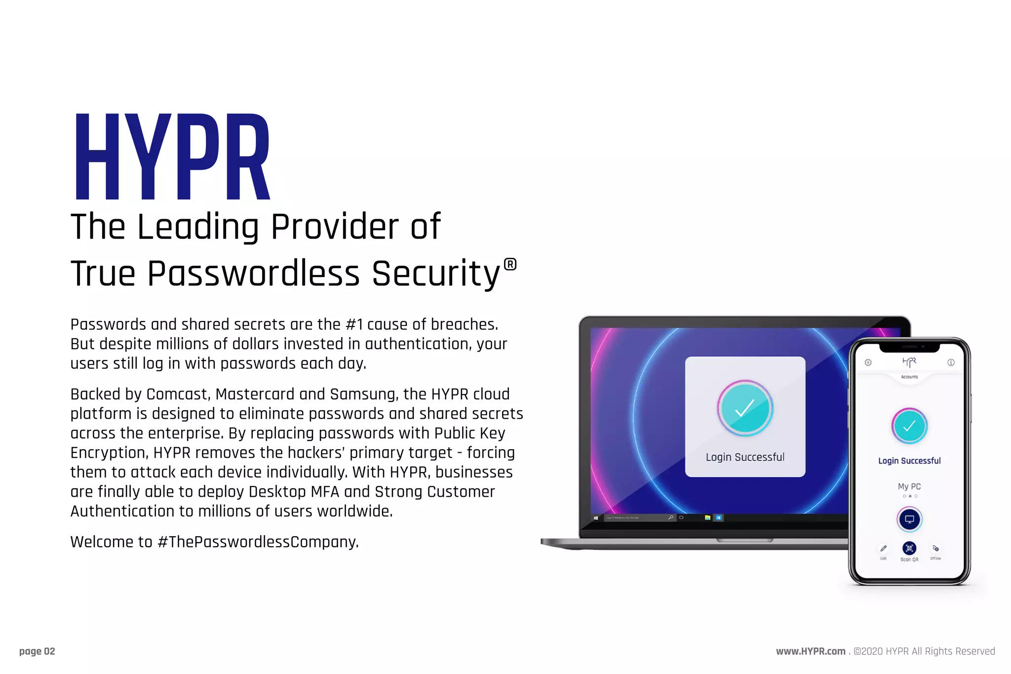 www.HYPR.com . ©2020 HYPR All Rights Reservedpage 02
HYPRThe Leading Provider of
True Passwordless Security®
Passwords and shared secrets are the #1 cause of breaches.
But despite millions of dollars invested in authentication, your
users still log in with passwords each day.
Backed by Comcast, Mastercard and Samsung, the HYPR cloud
platform is designed to eliminate passwords and shared secrets
across the enterprise. By replacing passwords with Public Key
Encryption, HYPR removes the hackers’ primary target - forcing
them to attack each device individually. With HYPR, businesses
are finally able to deploy Desktop MFA and Strong Customer
Authentication to millions of users worldwide.
Welcome to #ThePasswordlessCompany.
 