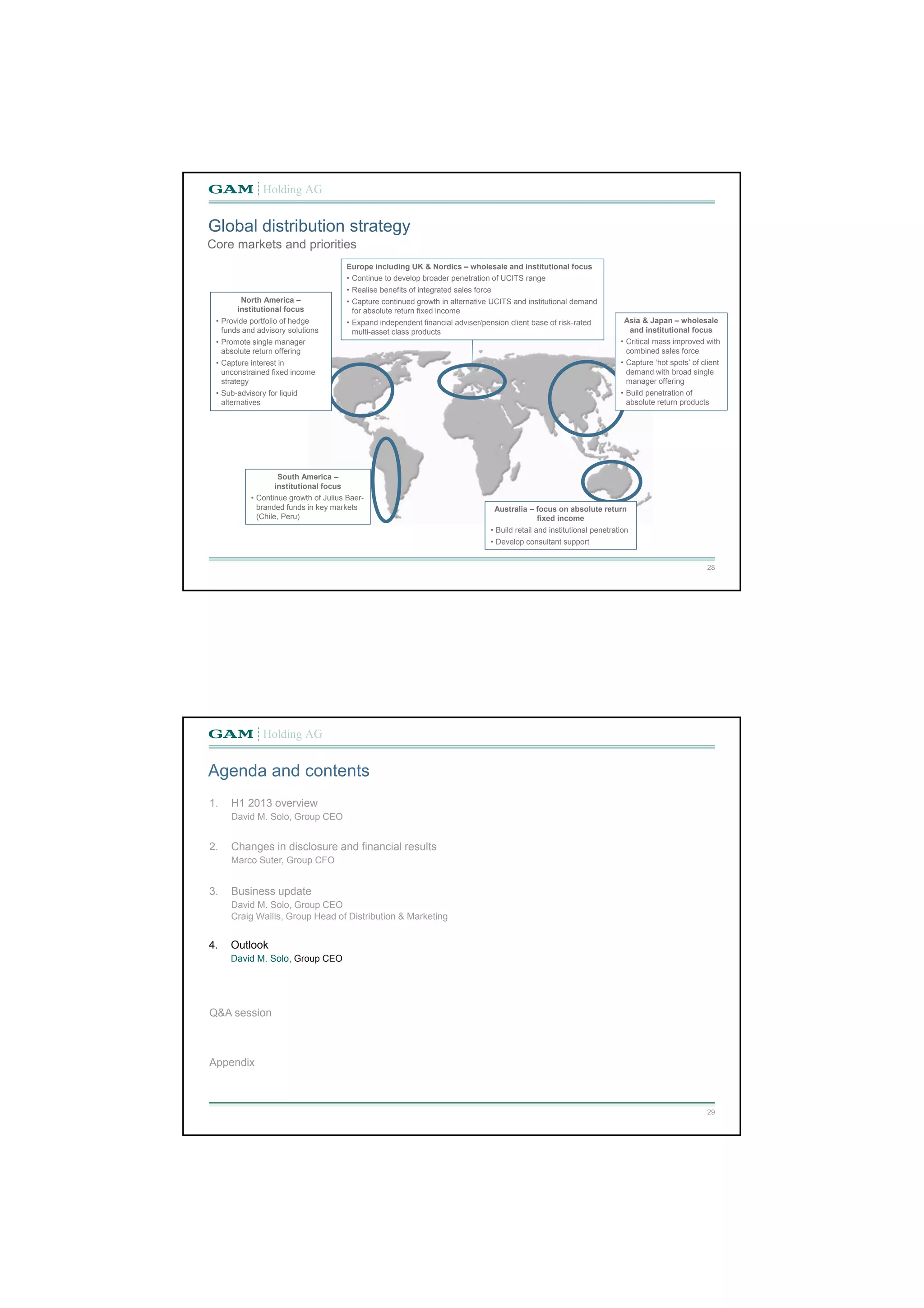 Global distribution strategy 
28 
Core markets and priorities 
Europe including UK & Nordics – wholesale and institutional focus 
• Continue to develop broader penetration of UCITS range 
• Realise benefits of integrated sales force 
• Capture continued growth in alternative UCITS and institutional demand 
for absolute return fixed income 
• Expand independent financial adviser/pension client base of risk-rated 
multi-asset class products 
Australia – focus on absolute return 
fixed income 
• Build retail and institutional penetration 
• Develop consultant support 
North America – 
institutional focus 
• Provide portfolio of hedge 
funds and advisory solutions 
• Promote single manager 
absolute return offering 
• Capture interest in 
unconstrained fixed income 
strategy 
• Sub-advisory for liquid 
alternatives 
South America – 
institutional focus 
• Continue growth of Julius Baer-branded 
funds in key markets 
(Chile, Peru) 
Asia & Japan – wholesale 
and institutional focus 
• Critical mass improved with 
combined sales force 
• Capture ‘hot spots’ of client 
demand with broad single 
manager offering 
• Build penetration of 
absolute return products 
29 
Agenda and contents 
1. H1 2013 overview 
David M. Solo, Group CEO 
2. Changes in disclosure and financial results 
Marco Suter, Group CFO 
3. Business update 
David M. Solo, Group CEO 
Craig Wallis, Group Head of Distribution & Marketing 
4. Outlook 
David M. Solo, Group CEO 
Q&A session 
Appendix 
 