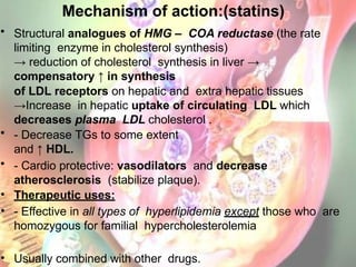 Mechanism of action:(statins)
• Structural analogues of HMG – COA reductase (the rate
limiting enzyme in cholesterol synthesis)
→ reduction of cholesterol synthesis in liver →
compensatory ↑ in synthesis
of LDL receptors on hepatic and extra hepatic tissues
→Increase in hepatic uptake of circulating LDL which
decreases plasma LDL cholesterol .
• - Decrease TGs to some extent
and ↑ HDL.
• - Cardio protective: vasodilators and decrease
atherosclerosis (stabilize plaque).
• Therapeutic uses:
• - Effective in all types of hyperlipidemia except those who are
homozygous for familial hypercholesterolemia
• Usually combined with other drugs.
 