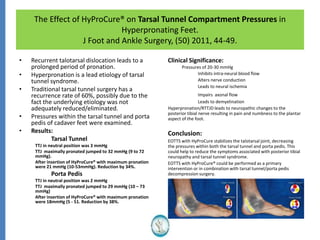 The Effect of HyProCure® on Tarsal Tunnel Compartment Pressures in
Hyperpronating Feet.
J Foot and Ankle Surgery, (50) 2011, 44-49.
• Recurrent talotarsal dislocation leads to a
prolonged period of pronation.
• Hyperpronation is a lead etiology of tarsal
tunnel syndrome.
• Traditional tarsal tunnel surgery has a
recurrence rate of 60%, possibly due to the
fact the underlying etiology was not
adequately reduced/eliminated.
• Pressures within the tarsal tunnel and porta
pedis of cadaver feet were examined.
• Results:
Tarsal Tunnel
TTJ in neutral position was 3 mmHg
TTJ maximally pronated jumped to 32 mmHg (9 to 72
mmHg).
After insertion of HyProCure® with maximum pronation
were 21 mmHg (10-53mmHg). Reduction by 34%.
Porta Pedis
TTJ in neutral position was 2 mmHg
TTJ maximally pronated jumped to 29 mmHg (10 – 73
mmHg)
After insertion of HyProCure® with maximum pronation
were 18mmHg (5 - 51. Reduction by 38%.
Clinical Significance:
Pressures of 20-30 mmHg
Inhibits intra-neural blood flow
Alters nerve conduction
Leads to neural ischemia
Impairs axonal flow
Leads to demyelination
Hyperpronation/RTTJD leads to neuropathic changes to the
posterior tibial nerve resulting in pain and numbness to the plantar
aspect of the foot.
Conclusion:
EOTTS with HyProCure stabilizes the talotarsal joint, decreasing
the pressures within both the tarsal tunnel and porta pedis. This
could help to reduce the symptoms associated with posterior tibial
neuropathy and tarsal tunnel syndrome.
EOTTS with HyProCure® could be performed as a primary
intervention or in combination with tarsal tunnel/porta pedis
decompression surgery.
 
