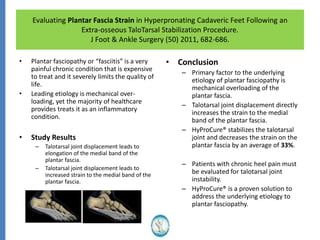 Evaluating Plantar Fascia Strain in Hyperpronating Cadaveric Feet Following an
Extra-osseous TaloTarsal Stabilization Procedure.
J Foot & Ankle Surgery (50) 2011, 682-686.
• Plantar fasciopathy or “fasciitis” is a very
painful chronic condition that is expensive
to treat and it severely limits the quality of
life.
• Leading etiology is mechanical over-
loading, yet the majority of healthcare
provides treats it as an inflammatory
condition.
• Study Results
– Talotarsal joint displacement leads to
elongation of the medial band of the
plantar fascia.
– Talotarsal joint displacement leads to
increased strain to the medial band of the
plantar fascia.
• Conclusion
– Primary factor to the underlying
etiology of plantar fasciopathy is
mechanical overloading of the
plantar fascia.
– Talotarsal joint displacement directly
increases the strain to the medial
band of the plantar fascia.
– HyProCure® stabilizes the talotarsal
joint and decreases the strain on the
plantar fascia by an average of 33%.
– Patients with chronic heel pain must
be evaluated for talotarsal joint
instability.
– HyProCure® is a proven solution to
address the underlying etiology to
plantar fasciopathy.
 
