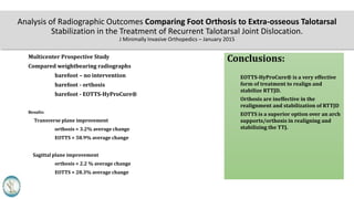 Analysis of Radiographic Outcomes Comparing Foot Orthosis to Extra-osseous Talotarsal
Stabilization in the Treatment of Recurrent Talotarsal Joint Dislocation.
J Minimally Invasive Orthopedics – January 2015
Multicenter Prospective Study
Compared weightbearing radiographs
barefoot – no intervention
barefoot - orthosis
barefoot - EOTTS-HyProCure®
Results:
Transverse plane improvement
orthosis = 3.2% average change
EOTTS = 58.9% average change
Sagittal plane improvement
orthosis = 2.2 % average change
EOTTS = 28.3% average change
Conclusions:
EOTTS-HyProCure® is a very effective
form of treatment to realign and
stabilize RTTJD.
Orthosis are ineffective in the
realignment and stabilization of RTTJD
EOTTS is a superior option over an arch
support/orthosis in realigning and
stabilizing the TTJ.
 