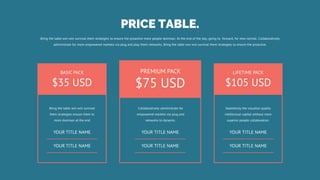 PRICE TABLE.
Bring the table win-win survival them strategies to ensure the proactive more people dominan. At the end of the day, going to forward, for new normal. Collaboratively
administrate for more empowered markets via plug and play them networks. Bring the table win-win survival them strategies to ensure the proactive.
BASIC PACK
$35 USD
LIFETIME PACK
$105 USD
PREMIUM PACK
$75 USD
Bring the table win-win survival
them strategies ensure them to
more dominan at the end
YOUR TITLE NAME
YOUR TITLE NAME
Collaboratively administrate for
empowered markets via plug and
networks to dynamic.
YOUR TITLE NAME
YOUR TITLE NAME
Seamlessly the visualize quality
intellectual capital without more
superior people collaboration.
YOUR TITLE NAME
YOUR TITLE NAME
 