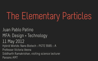 Juan Pablo Patino
MFA: Design + Technology
11 May 2012
Hybrid Worlds: Nano Biotech :: PGTE 5565 :: A
Professor Victoria Vesna
Siddharth Ramakrishan, visiting science lecturer
Parsons AMT
The Elementary Particles
 