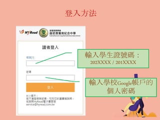 登入方法
輸入學生證號碼：
202XXXX / 201XXXX
輸入學校Google帳戶的
個人密碼
 