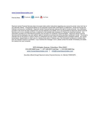 www.hyreandassociates.com


Find Us Here:




Raymond James Financial Services does not accept orders and/or instructions regarding your account by email, voice mail, fax or
any alternate method. Transactional details do not supersede normal trade confirmations or statements. Email sent through the
Internet is not secure or confidential. Raymond James Financial Services reserves the right to monitor all email. Any information
provided in this email has been prepared from sources believed to be reliable, but is not guaranteed by Raymond James Financial
Services and is not a complete summary or statement of all available data necessary for making an investment decision. Any
information provided is for informational purposes only and does not constitute a recommendation. Raymond James Financial
Services and its employees may own options, rights or warrants to purchase any of the securities mentioned in email. This email is
intended only for the person or entity to which it is addressed and may contain confidential and/or privileged material. Any review,
transmission, dissemination or other use of, or taking of any action in reliance upon, this information by persons or entities other
than the intended recipient is prohibited. If you received this message in error, please contact the sender immediately and delete
the material from your computer.



                                 2074 Arlington Avenue, Columbus, Ohio 43221
                        614.225.9400 local | 877.228.9515 toll-free | 614.225.9400 fax
                         www.hyreandassociates.com | info@hyreandassociates.com

                     Securities offered through Raymond James Financial Services, Inc. Member FINRA/SIPC.
 
