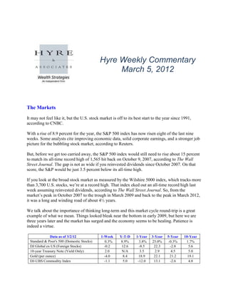 Hyre Weekly Commentary
                                                 March 5, 2012



The Markets
It may not feel like it, but the U.S. stock market is off to its best start to the year since 1991,
according to CNBC.

With a rise of 8.9 percent for the year, the S&P 500 index has now risen eight of the last nine
weeks. Some analysts cite improving economic data, solid corporate earnings, and a stronger job
picture for the bubbling stock market, according to Reuters.

But, before we get too carried away, the S&P 500 index would still need to rise about 15 percent
to match its all-time record high of 1,565 hit back on October 9, 2007, according to The Wall
Street Journal. The gap is not as wide if you reinvested dividends since October 2007. On that
score, the S&P would be just 3.5 percent below its all-time high.

If you look at the broad stock market as measured by the Wilshire 5000 index, which tracks more
than 3,700 U.S. stocks, we’re at a record high. That index eked out an all-time record high last
week assuming reinvested dividends, according to The Wall Street Journal. So, from the
market’s peak in October 2007 to the trough in March 2009 and back to the peak in March 2012,
it was a long and winding road of about 4½ years.

We talk about the importance of thinking long-term and this market cycle round-trip is a great
example of what we mean. Things looked bleak near the bottom in early 2009, but here we are
three years later and the market has surged and the economy seems to be healing. Patience is
indeed a virtue.

             Data as of 3/2/12              1-Week      Y-T-D    1-Year    3-Year   5-Year    10-Year
 Standard & Poor's 500 (Domestic Stocks)      0.3%      8.9%       3.8%    25.0%     -0.3%     1.7%
 DJ Global ex US (Foreign Stocks)             -0.2       12.6      -8.5     22.3      -2.8       5.6
 10-year Treasury Note (Yield Only)            2.0       N/A        3.5      2.9       4.5       5.0
 Gold (per ounce)                             -4.0        8.4      18.9     22.1      21.2      19.1
 DJ-UBS Commodity Index                       -1.1        5.0     -12.0     13.1      -2.6       4.8
 