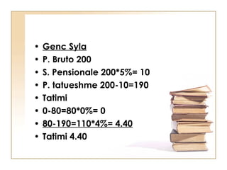 •   Genc Syla
•   P. Bruto 200
•   S. Pensionale 200*5%= 10
•   P. tatueshme 200-10=190
•   Tatimi
•   0-80=80*0%= 0
•   80-190=110*4%= 4.40
•   Tatimi 4.40
 