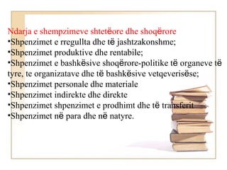 Ndarja e shempzimeve shtetëore dhe shoqërore
•Shpenzimet e rregullta dhe të jashtzakonshme;
•Shpenzimet produktive dhe rentabile;
•Shpenzimet e bashkësive shoqërore-politike të organeve të
tyre, te organizatave dhe të bashkësive vetqeverisëse;
•Shpenzimet personale dhe materiale
•Shpenzimet indirekte dhe direkte
•Shpenzimet shpenzimet e prodhimt dhe të transferit
•Shpenzimet në para dhe në natyre.
 