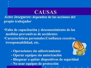 CAUSAS Actos inseguros : dependen de las acciones del  propio trabajador Falta de capacitación y desconocimiento de las  medidas preventivas de accidentes Características personales:Confianza excesiva,  irresponsabilidad, etc. - Operaciones sin adiestramiento - Operar equipos sin autorización - Bloquear o quitar dispositivos de seguridad - No usar equipos de protección 