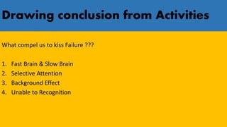 Drawing conclusion from Activities
What compel us to kiss Failure ???
1. Fast Brain & Slow Brain
2. Selective Attention
3. Background Effect
4. Unable to Recognition
 