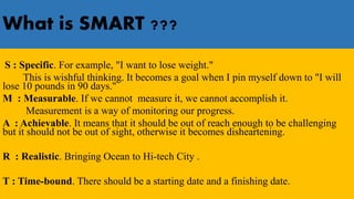 What is SMART ???
S : Specific. For example, "I want to lose weight."
This is wishful thinking. It becomes a goal when I pin myself down to "I will
lose 10 pounds in 90 days."
M : Measurable. If we cannot measure it, we cannot accomplish it.
Measurement is a way of monitoring our progress.
A : Achievable. It means that it should be out of reach enough to be challenging
but it should not be out of sight, otherwise it becomes disheartening.
R : Realistic. Bringing Ocean to Hi-tech City .
T : Time-bound. There should be a starting date and a finishing date.
 