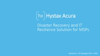 Hystax Acura
Disaster Recovery and IT
Resilience Solution for MSPs
Hystax B.V. | © Copyright 2016 - 2018
 