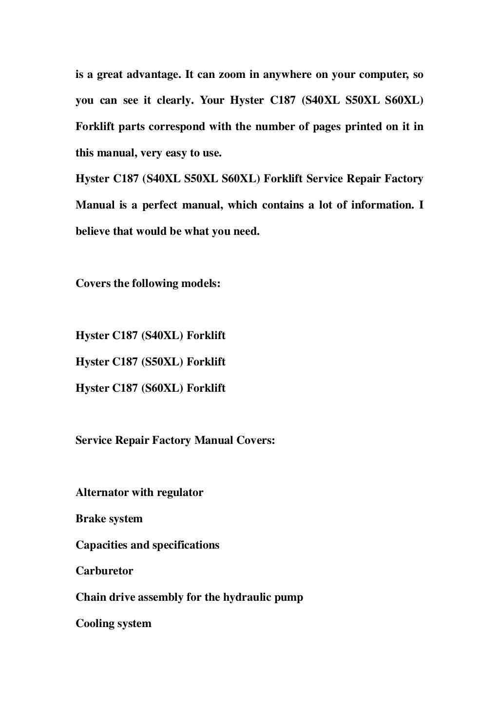 Hyster c187 (s40 xl s50xl s60xl) forklift service repair factory manu…