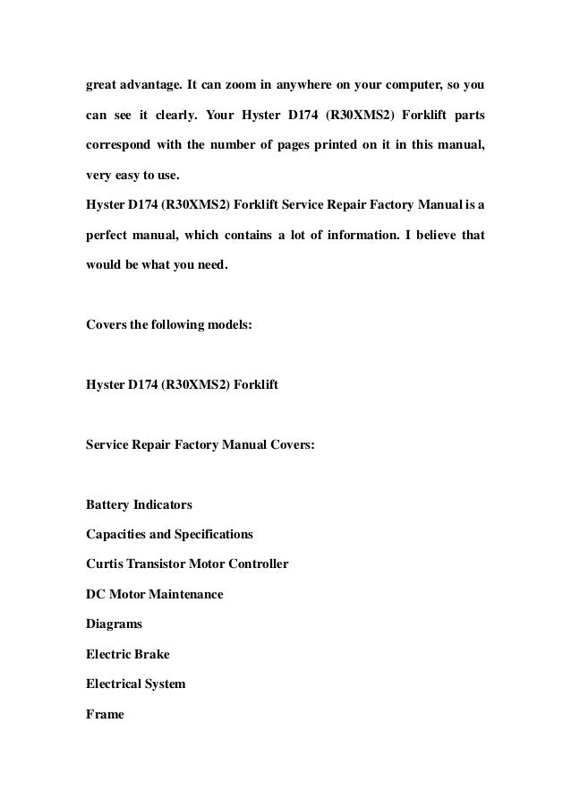 Hyster d174 (r30 xms2) forklift service repair factory manual instant…