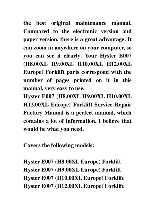 Hyster e007 (h8.00 xl h9.00xl h10.00xl h12.00xl europe) forklift serv…
