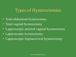 Types of Hysterectomies ,[object Object],[object Object],[object Object],[object Object],[object Object],www.freelivedoctor.com 