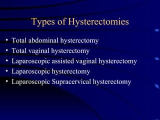 Types of Hysterectomies ,[object Object],[object Object],[object Object],[object Object],[object Object]