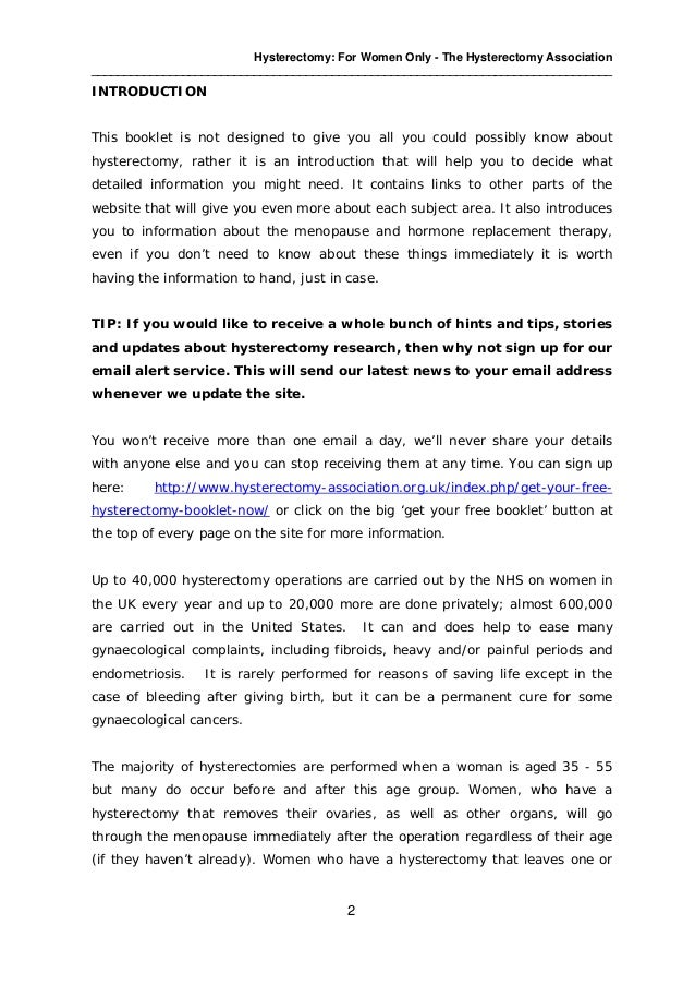 Hysterectomy - The Basics, The Hysterectomy Association Free Booklet