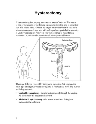 Hysterectomy

A hysterectomy is a surgery to remove a woman’s uterus. The uterus
is one of the organs of the female reproductive system and is about the
size of a closed hand. You can no longer have children after you have
your uterus removed, and you will no longer have periods (menstruate).
If your ovaries are not removed, you will continue to make female
hormones. If your ovaries are removed, menopause will occur.

                                                          Fallopian Tube




                                                 Uterus


                                       Ovary



                                        Cervix


                                                             Vagina




                                                             Labia


There are different types of hysterectomy surgeries. Ask your doctor
what type of surgery you are having and if your cervix, tubes and ovaries
are being removed.
•	 Vaginal hysterectomy – the uterus is removed through the vagina.
   No incision in the abdomen is needed.
•	 Abdominal hysterectomy – the uterus is removed through an
   incision in the abdomen.




1
 