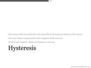 Ideas




•It is not possible to predict the next step without knowing the history of the system
•Iron ore retains magnetization after magnetic field removed
•Urban rail is magnet. Built environment is iron ore


Hysteresis

                                                                        Source: HowStuffWorks.com
 