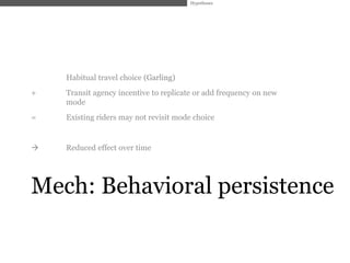 Hypotheses




    Habitual travel choice (Garling)
+   Transit agency incentive to replicate or add frequency on new
    mode
=   Existing riders may not revisit mode choice


   Reduced effect over time




Mech: Behavioral persistence
 