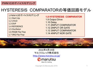 HYSTERESIS COMPARATORの等価回路モデル
Copyright (C) Marutsuelec 2016 1
1.PWM ICのデバイスモデリング
1.1 Start Up
1.2 UVLO
1.3 OVP
1.4 REFERENCE
1.5 Oscillator
1.6 RSQB Flip Flop
1.7 SRQ Flip Flop
1.8 HYSTERESIS COMPARATOR
1.9 Output Drive
1.10 Delay
1.11 2INPUT COMPARATOR
1.12 2INPUT OR GATE
1.13 3INPUT COMPARATOR
1.14 4INPUT NOR GATE
2016年4月19日
マルツエレック株式会社
http://www.marutsu.co.jp/
PWM ICのデバイスモデリング
 