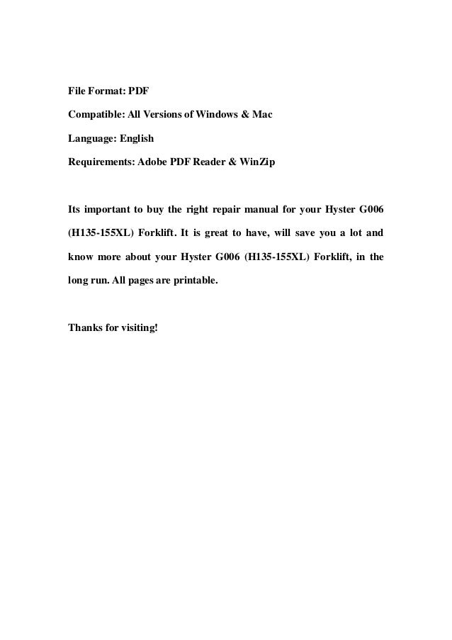 Hyster g006 (h135 155 xl) forklift service repair workshop manual dow…
