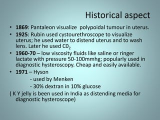 Historical aspect 
• 1869: Pantaleon visualize polypoidal tumour in uterus. 
• 1925: Rubin used cystourethroscope to visualize 
uterus; he used water to distend uterus and to wash 
lens. Later he used C02 
• 1960-70 – low viscosity fluids like saline or ringer 
lactate with pressure 50-100mmhg; popularly used in 
diagnostic hysteroscopy. Cheap and easily available. 
• 1971 – Hyson 
- used by Menken 
- 30% dextran in 10% glucose 
( K Y jelly is been used in India as distending media for 
diagnostic hysteroscope) 
 