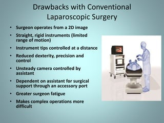 Drawbacks with Conventional 
Laparoscopic Surgery 
• Surgeon operates from a 2D image 
• Straight, rigid instruments (limited 
range of motion) 
• Instrument tips controlled at a distance 
• Reduced dexterity, precision and 
control 
• Unsteady camera controlled by 
assistant 
• Dependent on assistant for surgical 
support through an accessory port 
• Greater surgeon fatigue 
• Makes complex operations more 
difficult 
 