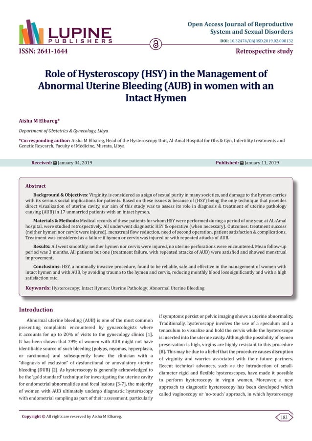Hysteroscopy in management of AUB in women with intact hymen by