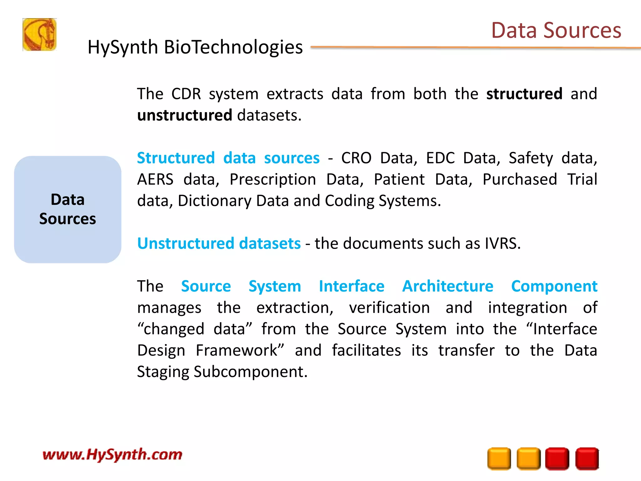 HySynth BioTechnologies
The CDR system extracts data from both the structured and
unstructured datasets.
Structured data sources ‐ CRO Data, EDC Data, Safety data,
AERS data, Prescription Data, Patient Data, Purchased Trial
data, Dictionary Data and Coding Systems.
Unstructured datasets ‐ the documents such as IVRS.
The Source System Interface Architecture Component
manages the extraction, verification and integration of
“changed data” from the Source System into the “Interface
Design Framework” and facilitates its transfer to the Data
Staging Subcomponent.
Data Sources
Data 
Sources
 