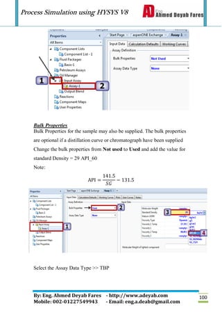 Process Simulation using HYSYS V8
By: Eng. Ahmed Deyab Fares - http://www.adeyab.com
Mobile: 002-01227549943 - Email: eng.a.deab@gmail.com
100
Bulk Properties
Bulk Properties for the sample may also be supplied. The bulk properties
are optional if a distillation curve or chromatograph have been supplied
Change the bulk properties from Not used to Used and add the value for
standard Density = 29 API_60
Note:
API =
141.5
𝑆𝐺
− 131.5
Select the Assay Data Type >> TBP
 