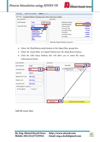Process Simulation using HYSYS V8
By: Eng. Ahmed Deyab Fares - http://www.adeyab.com
Mobile: 002-01227549943 - Email: eng.a.deab@gmail.com
101
 Select the Distillation radio button in the Input Data group box.
 Select the Assay Basis as Liquid Volume (use the drop-down menu).
 Click the Edit Assay button; this will allow you to enter the assay
information below.
Add the assay data:
 