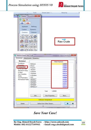 Process Simulation using HYSYS V8
By: Eng. Ahmed Deyab Fares - http://www.adeyab.com
Mobile: 002-01227549943 - Email: eng.a.deab@gmail.com
109
Save Your Case!
 