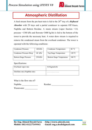 Process Simulation using HYSYS V8
By: Eng. Ahmed Deyab Fares - http://www.adeyab.com
Mobile: 002-01227549943 - Email: eng.a.deab@gmail.com
112
Atmospheric Distillation
A feed stream from the pre-heat train is fed to the 28th
tray of a Refluxed
Absorber with 29 trays and a partial condenser to separate Off Gases,
Naphtha and Bottom Residue. A steam stream (vapor fraction =1.0,
pressure =1380 kPa and flowrate=3400 kg/hr) is fed to the bottom of the
tower to provide the necessary heat. A water draw stream is required to
remove the condensed steam from the overhead condenser. The tower is
operated with the following conditions:
Condenser Pressure 140 kPa Condenser Temperature 40 o
C
Condenser Pressure Drop 60 kPa Top Stage Temperature 120 o
C
Bottom Stage Pressure 230 kPa Bottom Stage Temperature 340 o
C
Specifications:
Overhead vapor rate 0.0 kgmole/hr
Distillate rate (Naphtha rate) ………………..
What is the flow rate of?
Naphtha _______________ Residue ____________________
Wastewater ____________
 