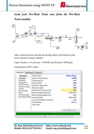 Process Simulation using HYSYS V8
By: Eng. Ahmed Deyab Fares - http://www.adeyab.com
Mobile: 002-01227549943 - Email: eng.a.deab@gmail.com
114
Load your Pre-Heat Train case from the Pre-Heat
Train module.
Add a steam stream to provide the heating effect to the bottom of the
tower instead of using a reboiler:
Vapor fraction =1.0, pressure =1380 kPa and flowrate=3400 kg/hr
Composition (100% water)
 