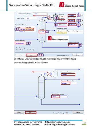 Process Simulation using HYSYS V8
By: Eng. Ahmed Deyab Fares - http://www.adeyab.com
Mobile: 002-01227549943 - Email: eng.a.deab@gmail.com
116
The Water Draw checkbox must be checked to prevent two liquid
phases being formed in the column.
 
