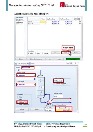 Process Simulation using HYSYS V8
By: Eng. Ahmed Deyab Fares - http://www.adeyab.com
Mobile: 002-01227549943 - Email: eng.a.deab@gmail.com
125
Add the Kerosene Side stripper:
 
