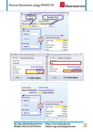 Process Simulation using HYSYS V8
By: Eng. Ahmed Deyab Fares - http://www.adeyab.com
Mobile: 002-01227549943 - Email: eng.a.deab@gmail.com
133
 