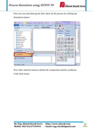 Process Simulation using HYSYS V8
By: Eng. Ahmed Deyab Fares - http://www.adeyab.com
Mobile: 002-01227549943 - Email: eng.a.deab@gmail.com
14
Now you can start drawing the flow sheet for the process by clicking the
Simulation button:
Now add a material stream to define the composition and the conditions
of the feed stream
 