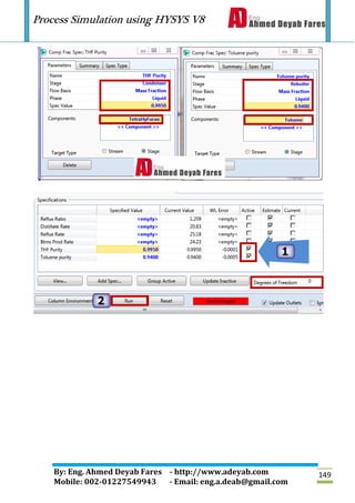 Process Simulation using HYSYS V8
By: Eng. Ahmed Deyab Fares - http://www.adeyab.com
Mobile: 002-01227549943 - Email: eng.a.deab@gmail.com
149
 