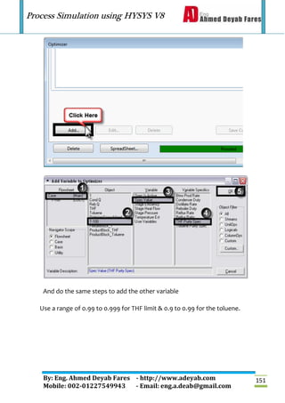 Process Simulation using HYSYS V8
By: Eng. Ahmed Deyab Fares - http://www.adeyab.com
Mobile: 002-01227549943 - Email: eng.a.deab@gmail.com
151
And do the same steps to add the other variable
Use a range of 0.99 to 0.999 for THF limit & 0.9 to 0.99 for the toluene.
 