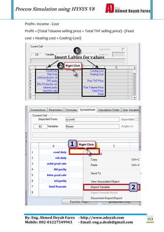 Process Simulation using HYSYS V8
By: Eng. Ahmed Deyab Fares - http://www.adeyab.com
Mobile: 002-01227549943 - Email: eng.a.deab@gmail.com
153
Profit= Income - Cost
Profit = (Total Toluene selling price + Total THF selling price) - (Feed
cost + Heating cost + Cooling Cost)
 