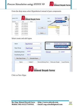 Process Simulation using HYSYS V8
By: Eng. Ahmed Deyab Fares - http://www.adeyab.com
Mobile: 002-01227549943 - Email: eng.a.deab@gmail.com
164
From the drop menu select Hypothetical instead of pure components
Select create and edit hypos
Click on New Hypo
 