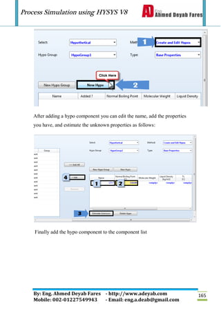 Process Simulation using HYSYS V8
By: Eng. Ahmed Deyab Fares - http://www.adeyab.com
Mobile: 002-01227549943 - Email: eng.a.deab@gmail.com
165
After adding a hypo component you can edit the name, add the properties
you have, and estimate the unknown properties as follows:
Finally add the hypo component to the component list
 