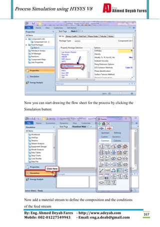 Process Simulation using HYSYS V8
By: Eng. Ahmed Deyab Fares - http://www.adeyab.com
Mobile: 002-01227549943 - Email: eng.a.deab@gmail.com
167
Now you can start drawing the flow sheet for the process by clicking the
Simulation button:
Now add a material stream to define the composition and the conditions
of the feed stream
 